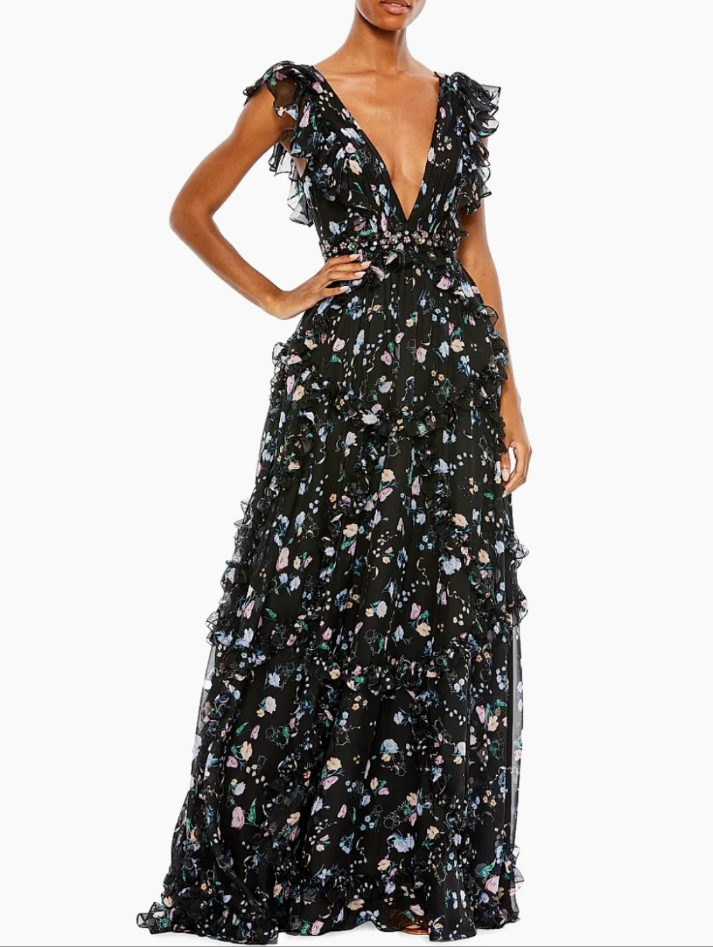 Mac Duggal 68090 Black Multicolor Floral Jewel Ruffle V-Neck Maxi Dress 6 Nwt